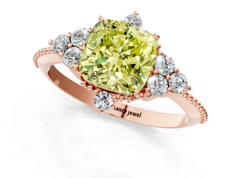 Rose gold Fancy Yellow Cushion Cut Brilliant Diamond with Cluster Setting on a Beaded Band and Four-Prong Setting_1