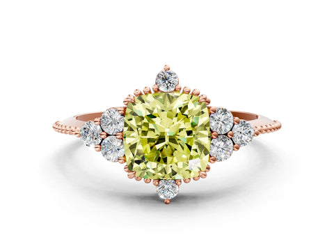 Rose gold Fancy Yellow Cushion Cut Brilliant Diamond with Cluster Setting on a Beaded Band and Four-Prong Setting