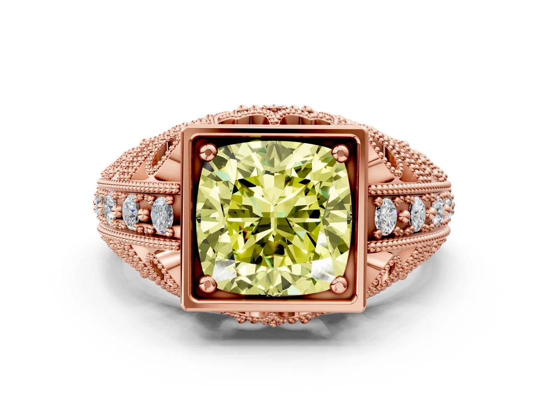 Rose gold Fancy Yellow Cushion Cut Brilliant Milgrain Filigree Diamond Ring with Square Prong Setting_12