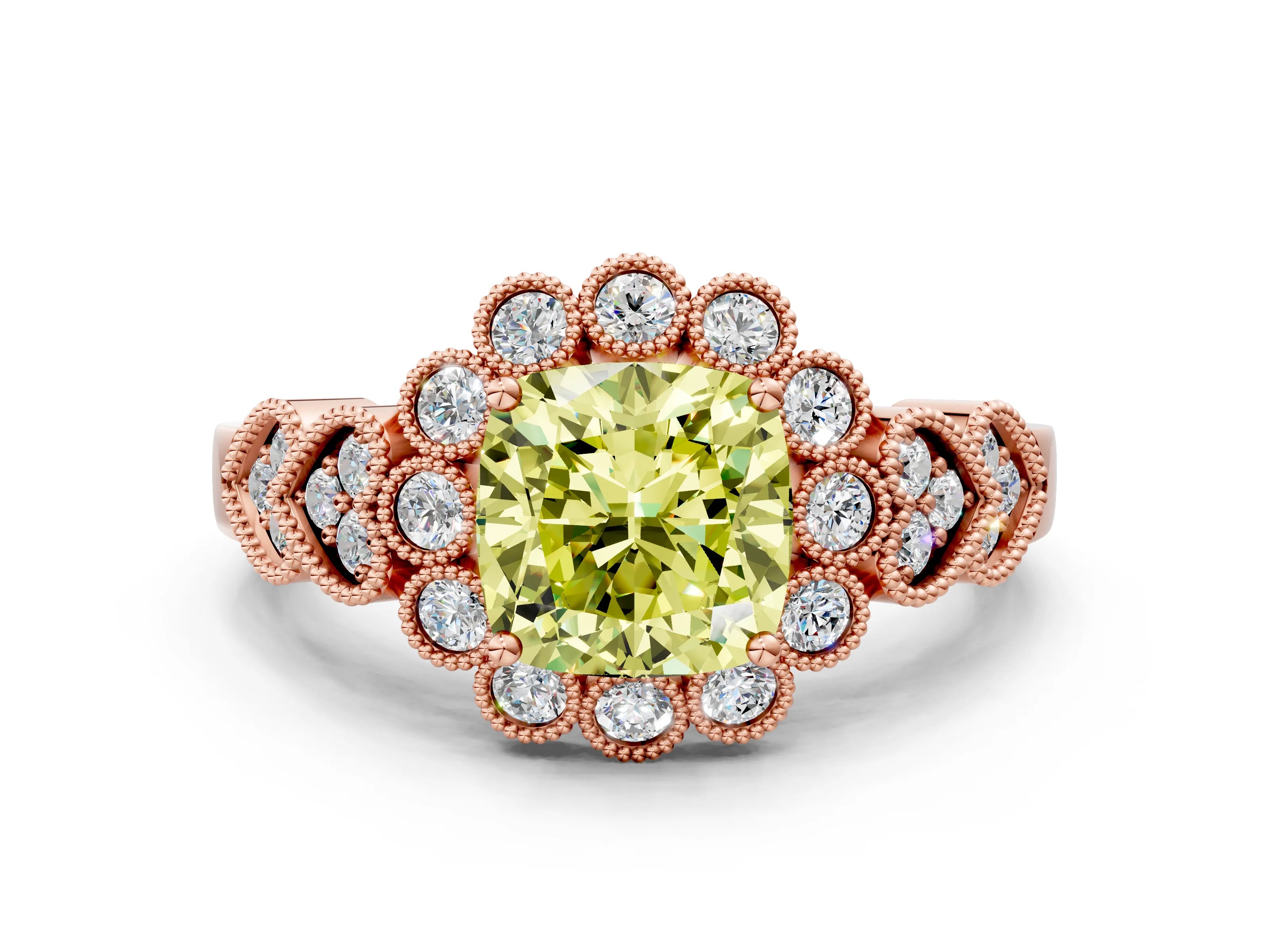 Rose gold Fancy Yellow Cushion Cut Brilliant Milgrain Pave Heart Band Solitaire Ring