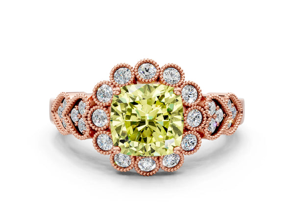 Rose gold Fancy Yellow Cushion Cut Brilliant Milgrain Pave Heart Band Solitaire Ring