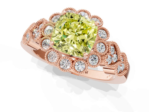 Rose gold Fancy Yellow Cushion Cut Brilliant Milgrain Pave Heart Band Solitaire Ring_1