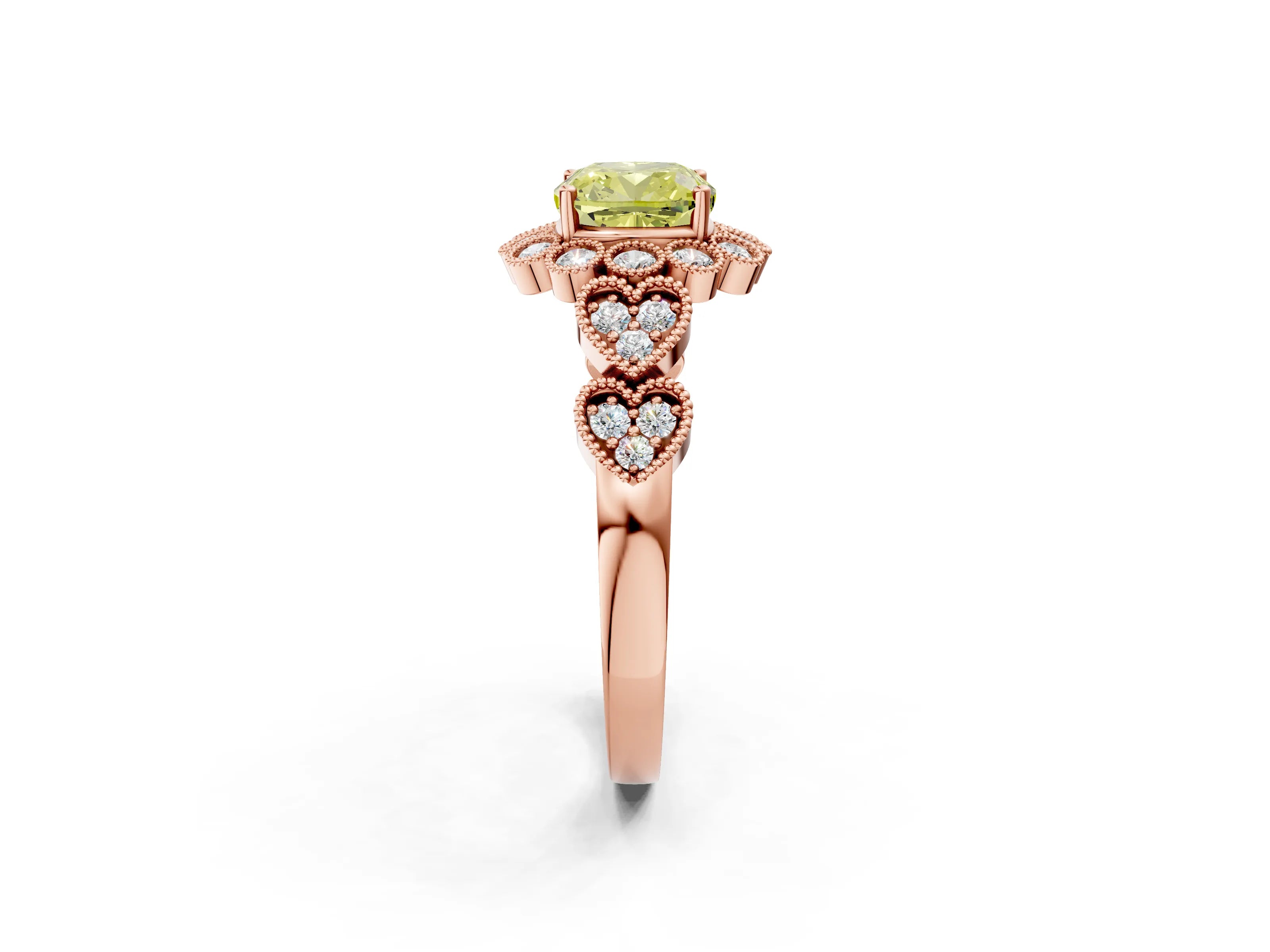 Rose gold Fancy Yellow Cushion Cut Brilliant Milgrain Pave Heart Band Solitaire Ring_2