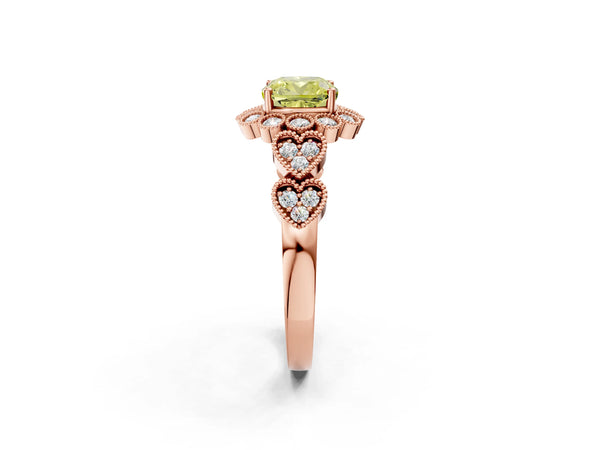 Rose gold Fancy Yellow Cushion Cut Brilliant Milgrain Pave Heart Band Solitaire Ring