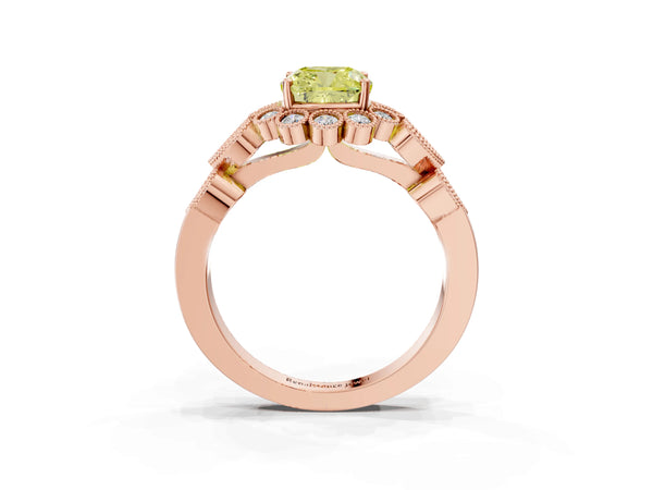 Rose gold Fancy Yellow Cushion Cut Brilliant Milgrain Pave Heart Band Solitaire Ring