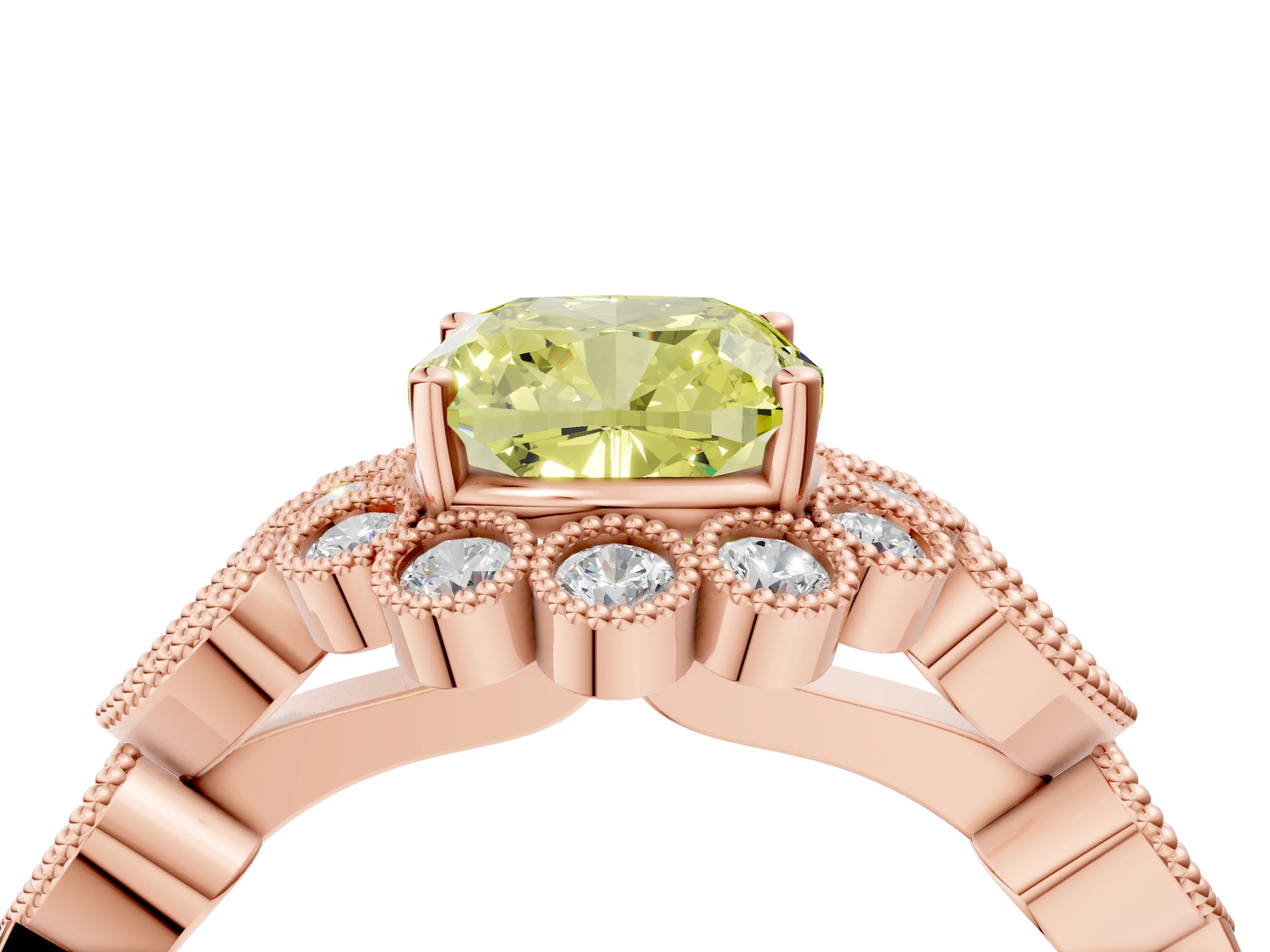 Rose gold Fancy Yellow Cushion Cut Brilliant Milgrain Pave Heart Band Solitaire Ring_4