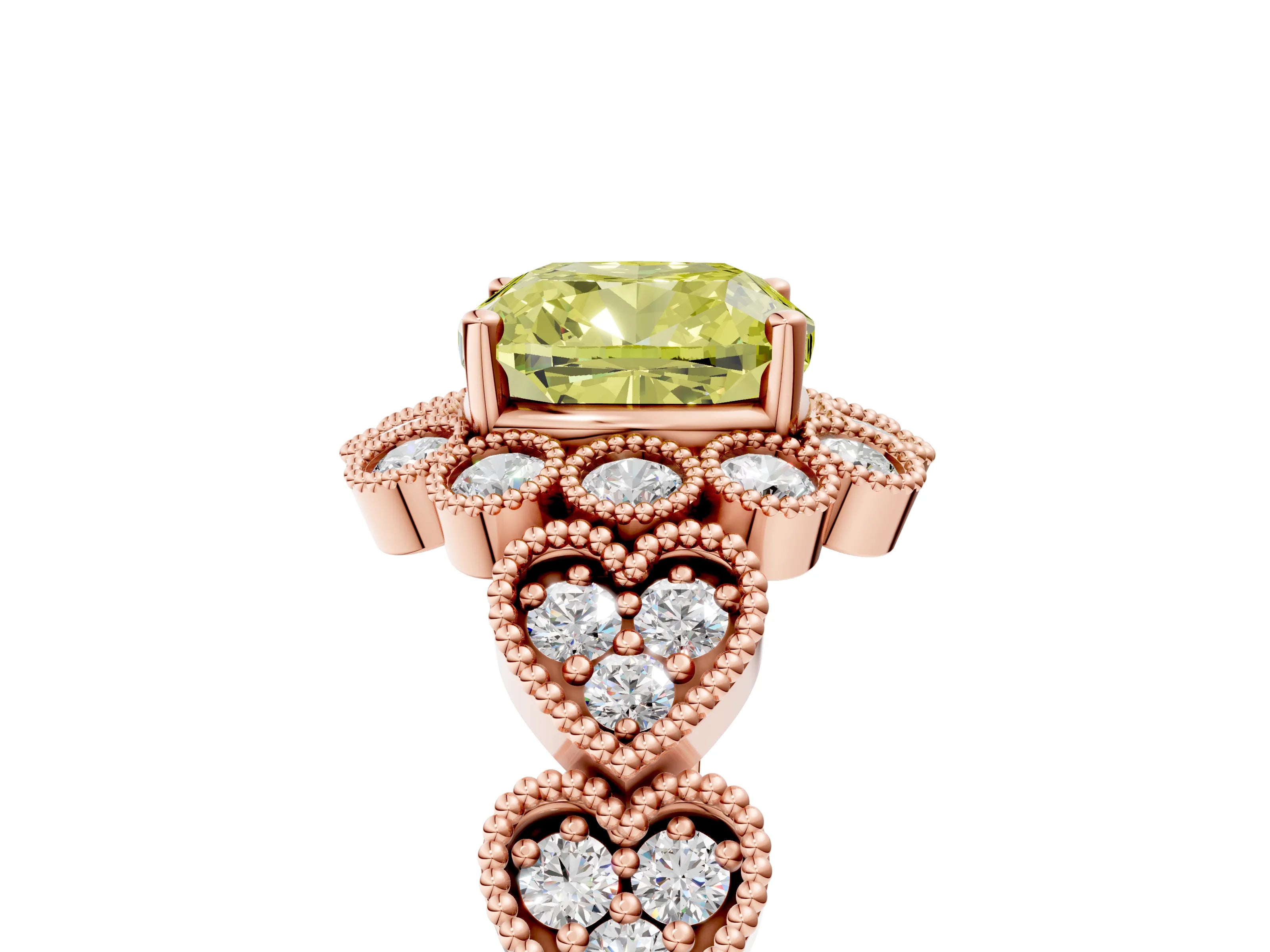 Rose gold Fancy Yellow Cushion Cut Brilliant Milgrain Pave Heart Band Solitaire Ring_5