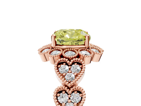 Rose gold Fancy Yellow Cushion Cut Brilliant Milgrain Pave Heart Band Solitaire Ring_5