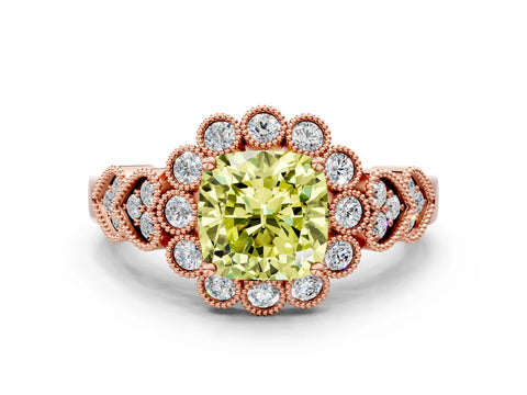Rose gold Fancy Yellow Cushion Cut Brilliant Milgrain Pave Heart Band Solitaire Ring