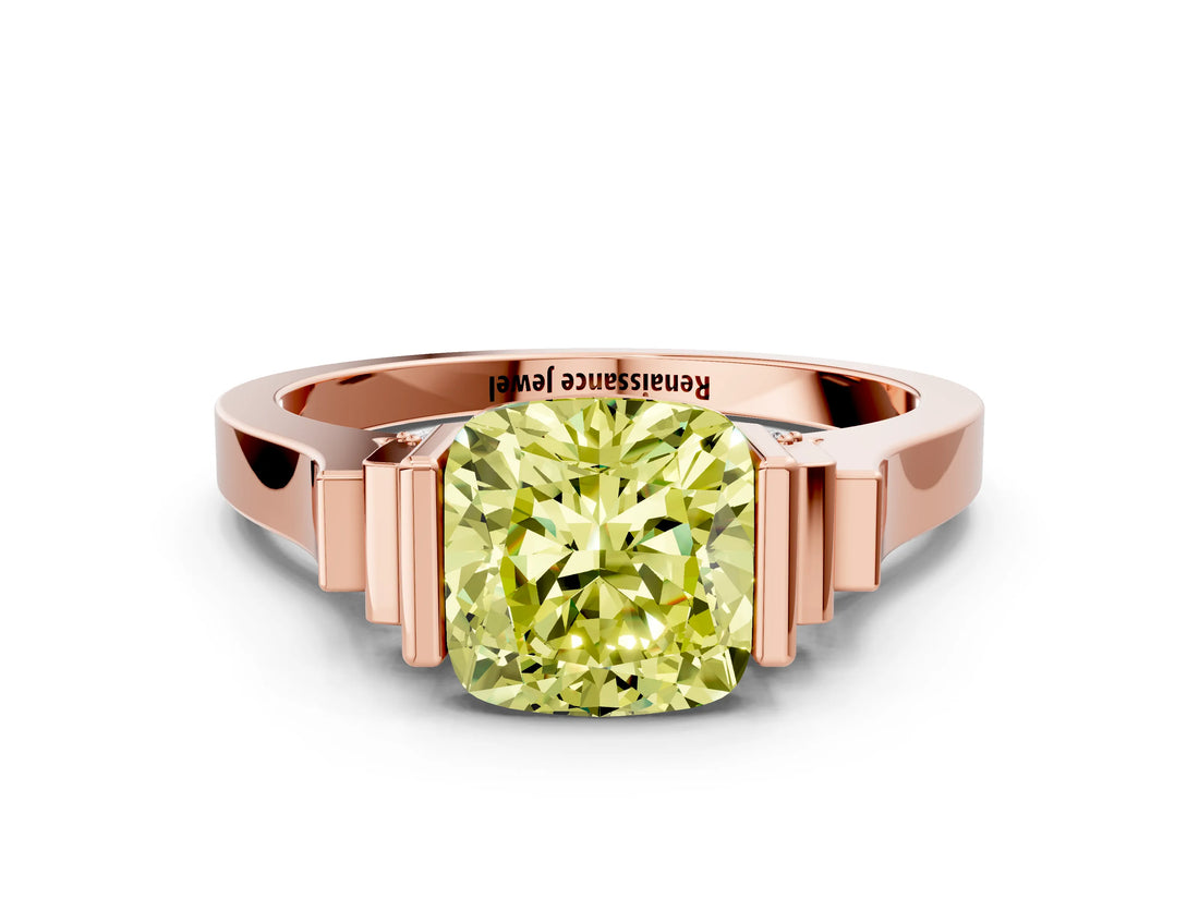 Rose gold Fancy Yellow Cushion Cut Brilliant Solitaire Diamond Ring with Channel Set Band and Bar Prong Setting