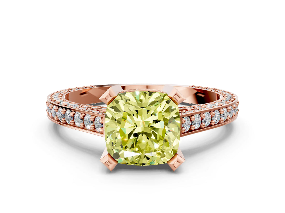 Rose gold Fancy Yellow Cushion Cut Brilliant Split Shank Pave Solitaire Ring with Four-Prong Setting