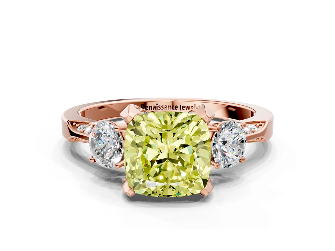 Rose gold Fancy Yellow Cushion Cut Brilliant Three-Stone Diamond Ring with Pavé Band and Four-Prong Setting_11