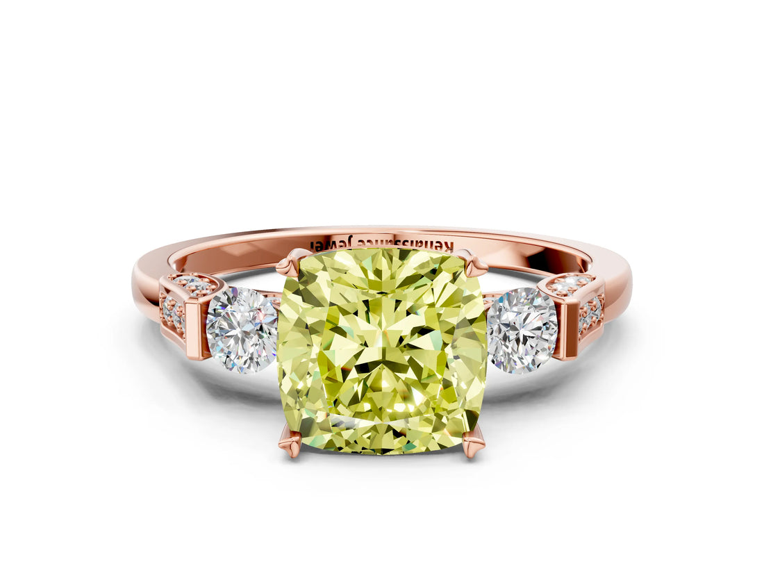Rose gold Fancy Yellow Cushion Cut Brilliant Three-Stone Pave Band with Four-Prong Setting