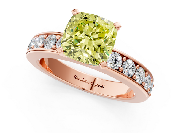 Rose gold Fancy Yellow Cushion  Cut Channel Set Diamond Engagement Ring with Four-Prong Setting