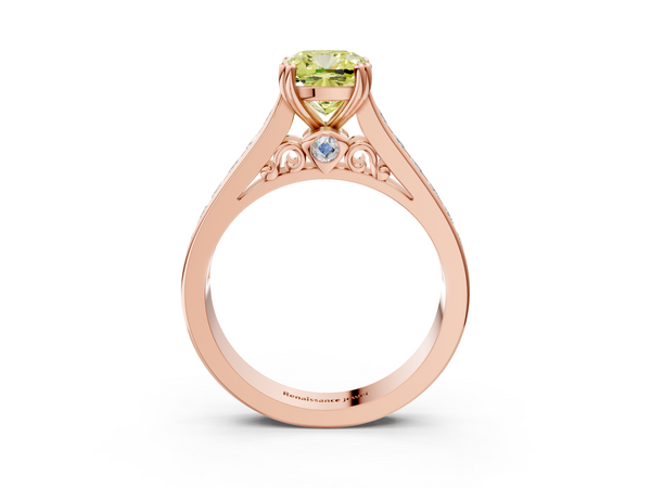 Rose Gold Cushion Cut Channel Set Solitaire Engagement Ring Setting for Fancy Yellow Center with Double Claw Prongs