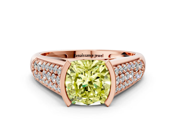 Rose gold Fancy Yellow Cushion Cut Diamond Channel Set Pave Band with Tension Prong Setting