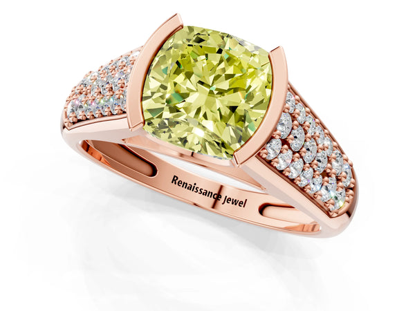 Rose gold Fancy Yellow Cushion Cut Diamond Channel Set Pave Band with Tension Prong Setting