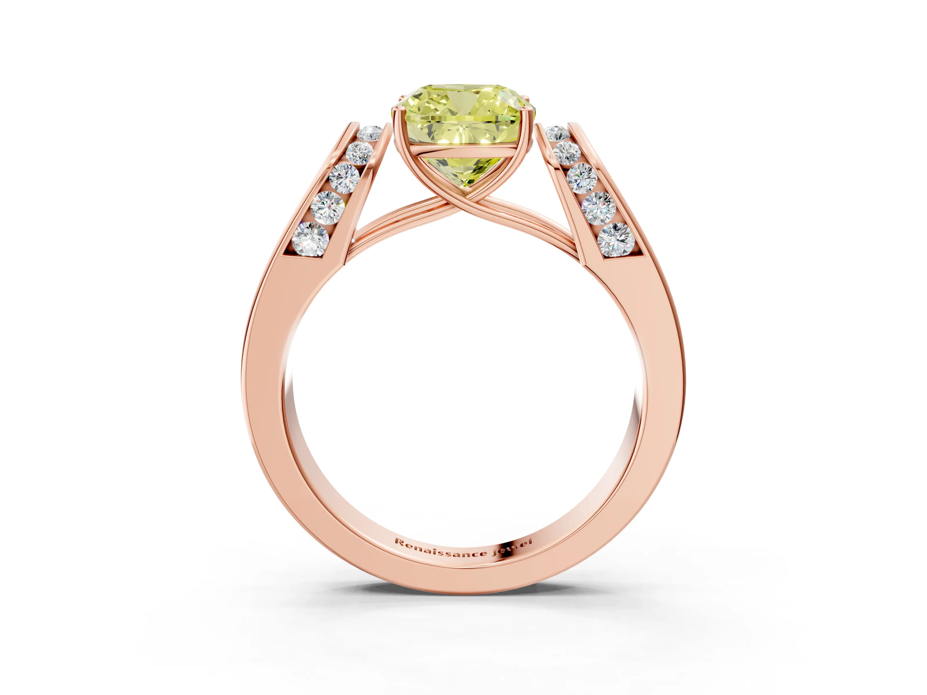 Rose gold Fancy Yellow Cushion Cut Cut Diamond Channel Set Solitaire Ring with Four-Prong Setting_3