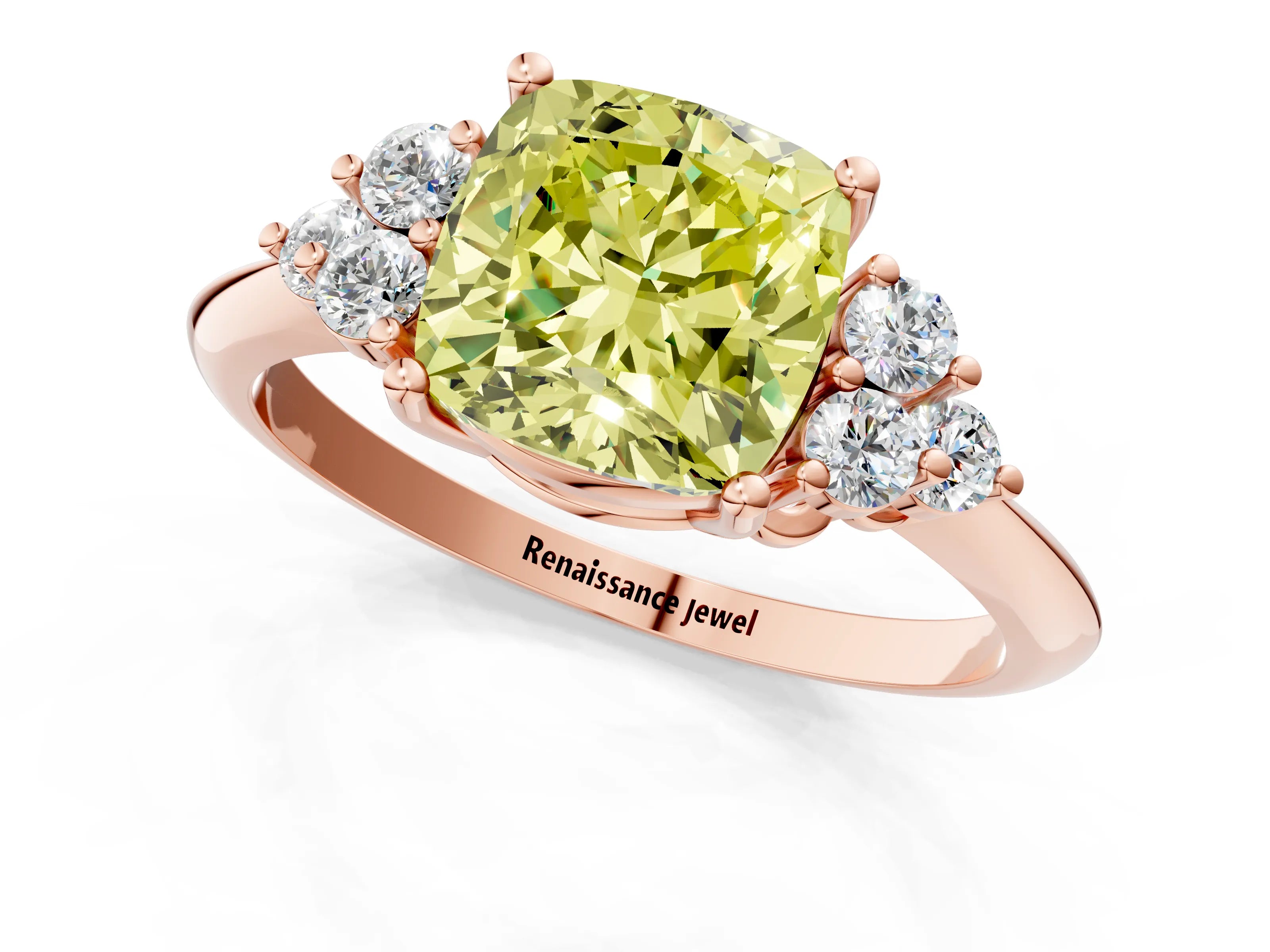 Rose gold Fancy Yellow Cushion Cut Cut Diamond Cluster Ring with Solitaire Band and Four-Prong Setting_13