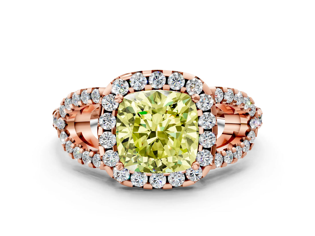Rose gold Fancy Yellow Cushion Cut Cut Diamond Halo Engagement Ring with Open Split Pavé Band