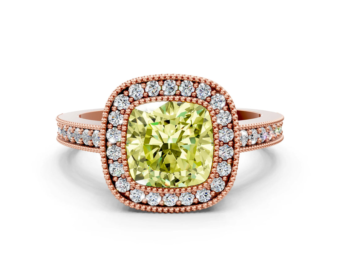 Rose gold Fancy Yellow Cushion Cut-Cut Diamond Halo Engagement Ring with Pave Band and Prong Setting