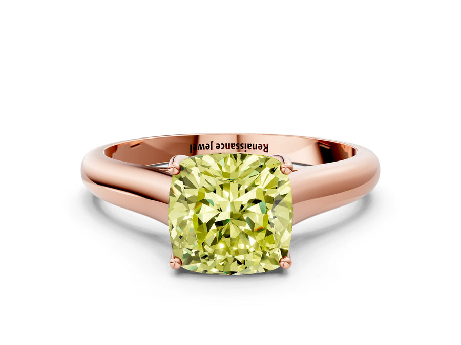 Rose gold Fancy Yellow Cushion Cut Cut Diamond Solitaire Engagement Ring with Tapered Plain Band and Four-Prong Setting