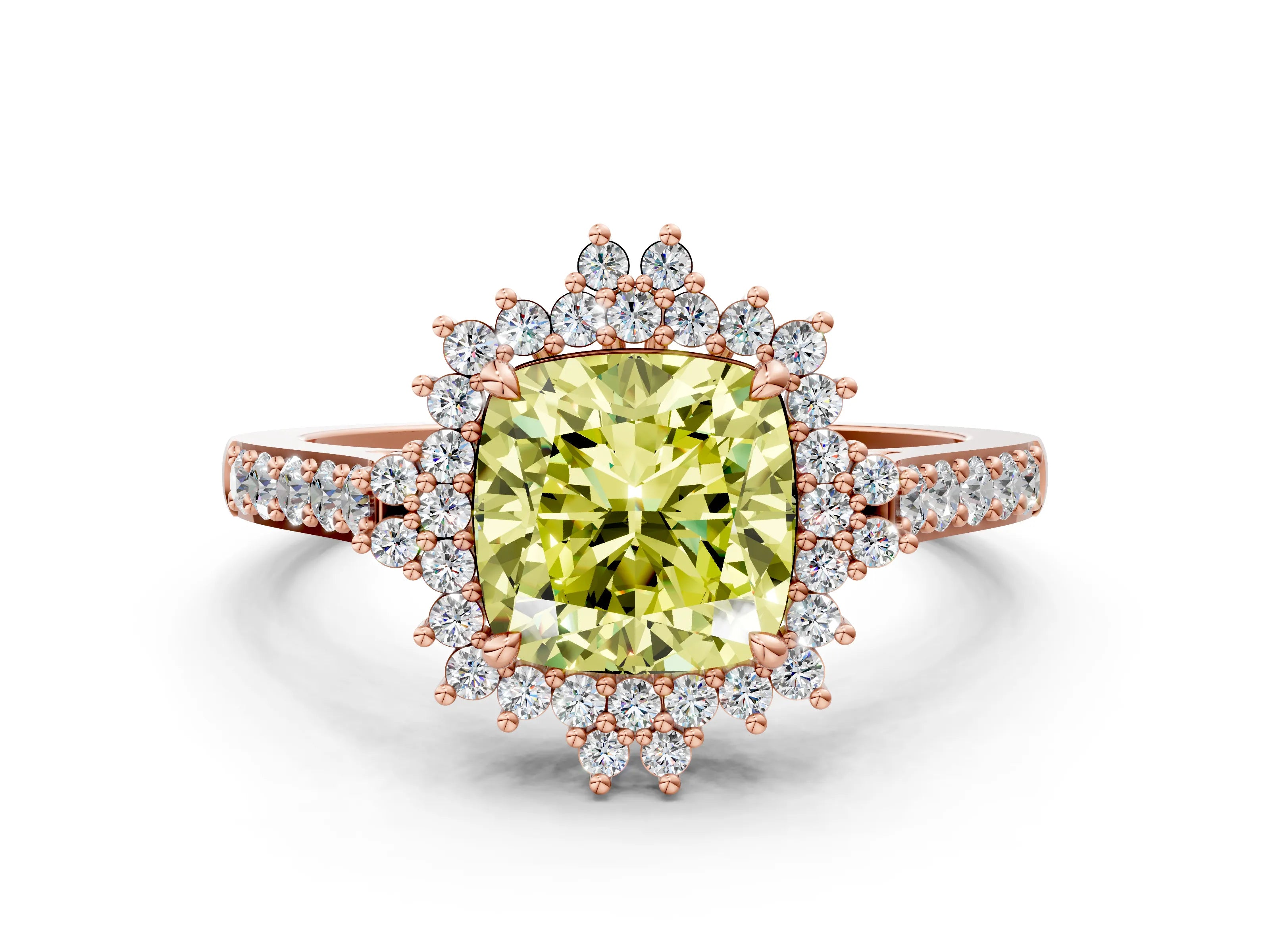 Rose gold Fancy Yellow Cushion Cut Cut Diamond Sunburst Halo Engagement Ring with Pavé Band