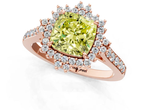 Rose gold Fancy Yellow Cushion Cut Cut Diamond Sunburst Halo Engagement Ring with Pavé Band_1