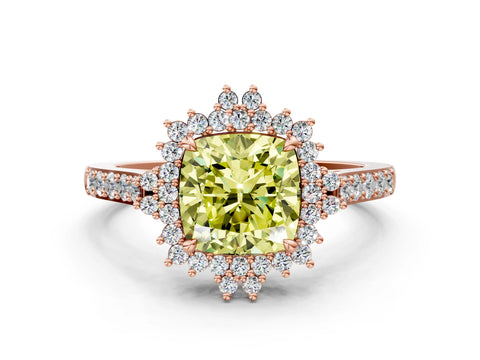 Rose gold Fancy Yellow Cushion Cut Cut Diamond Sunburst Halo Engagement Ring with Pavé Band