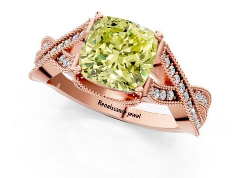 Rose gold Fancy Yellow Cushion Cut Cut Diamond Twisted Band with Milgrain Pave Setting and Four-Prong Setting_1