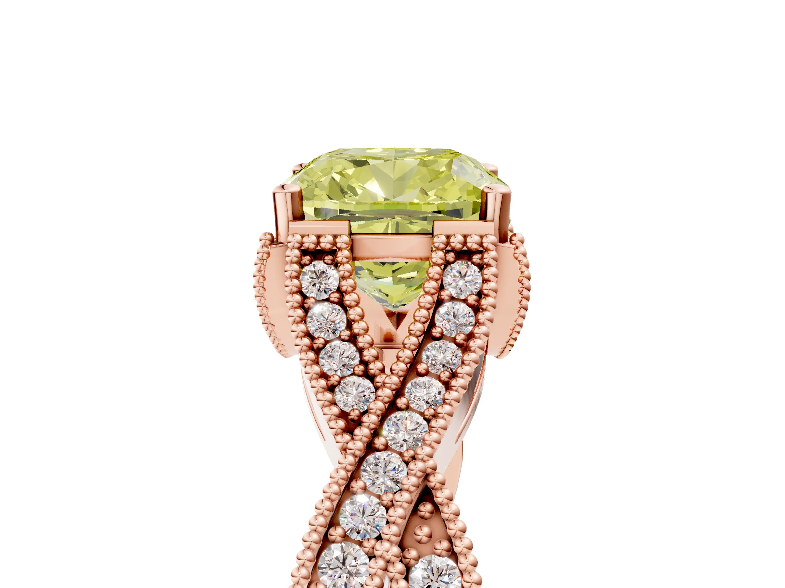 Rose gold Fancy Yellow Cushion Cut Cut Diamond Twisted Band with Milgrain Pave Setting and Four-Prong Setting_5