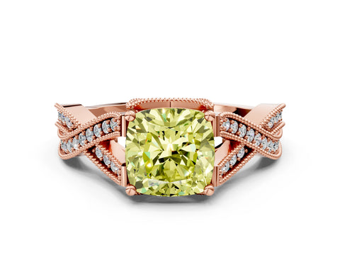 Rose gold Fancy Yellow Cushion Cut Cut Diamond Twisted Band with Milgrain Pave Setting and Four-Prong Setting