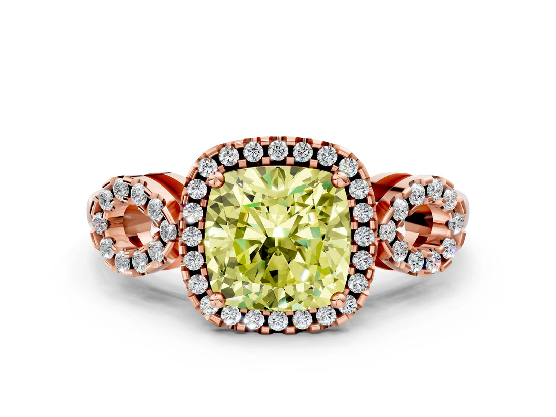 Rose gold Fancy Yellow Cushion Cut Cut Halo Diamond Infinity Band with Four-Prong Setting