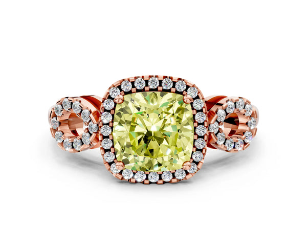 Rose Gold Cushion Cut Pave Infinity Halo Engagement Ring Setting for Fancy Yellow Center