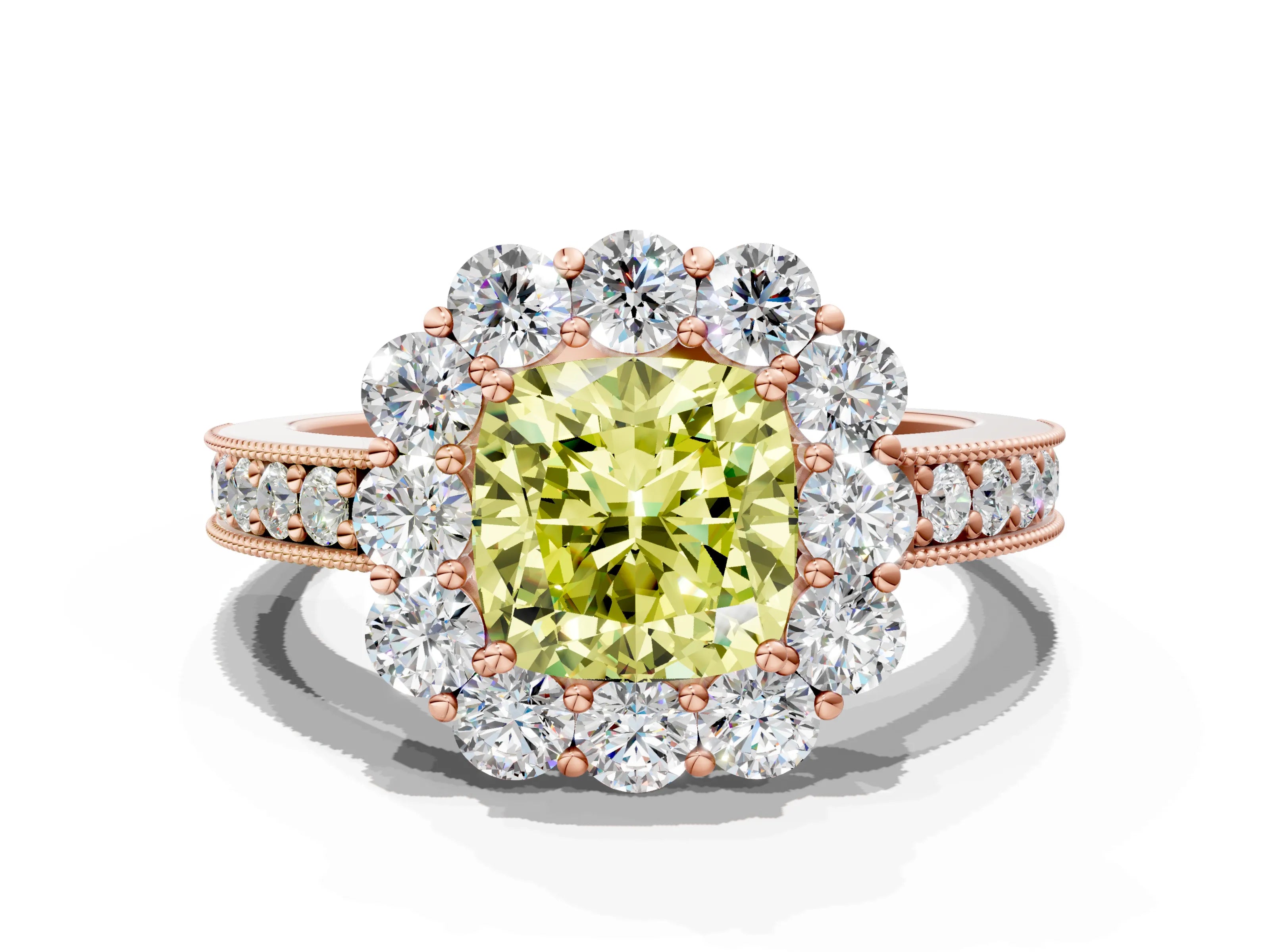 Rose gold Fancy Yellow Cushion Cut Cut Halo Diamond Pavé Engagement Ring with Milgrain Detailing