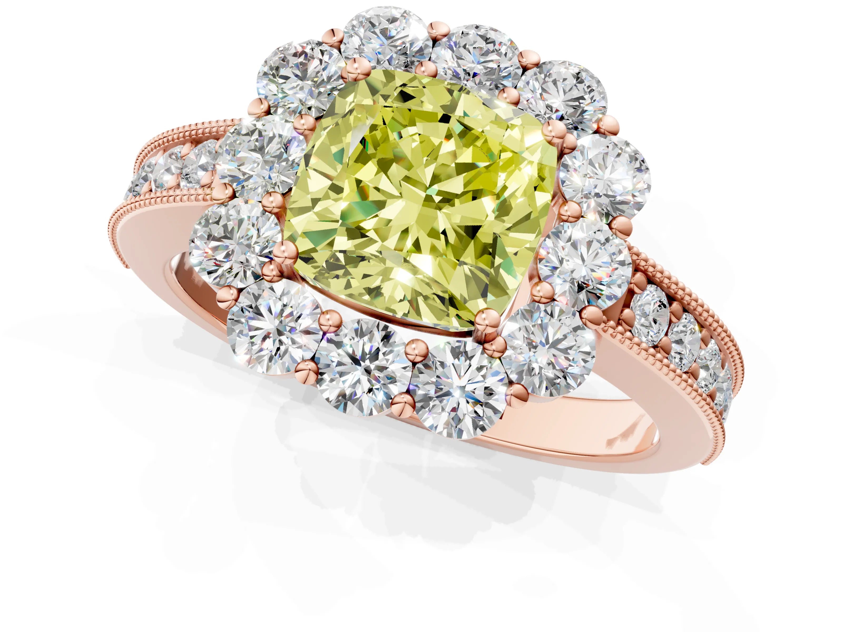 Rose gold Fancy Yellow Cushion Cut Cut Halo Diamond Pavé Engagement Ring with Milgrain Detailing_1