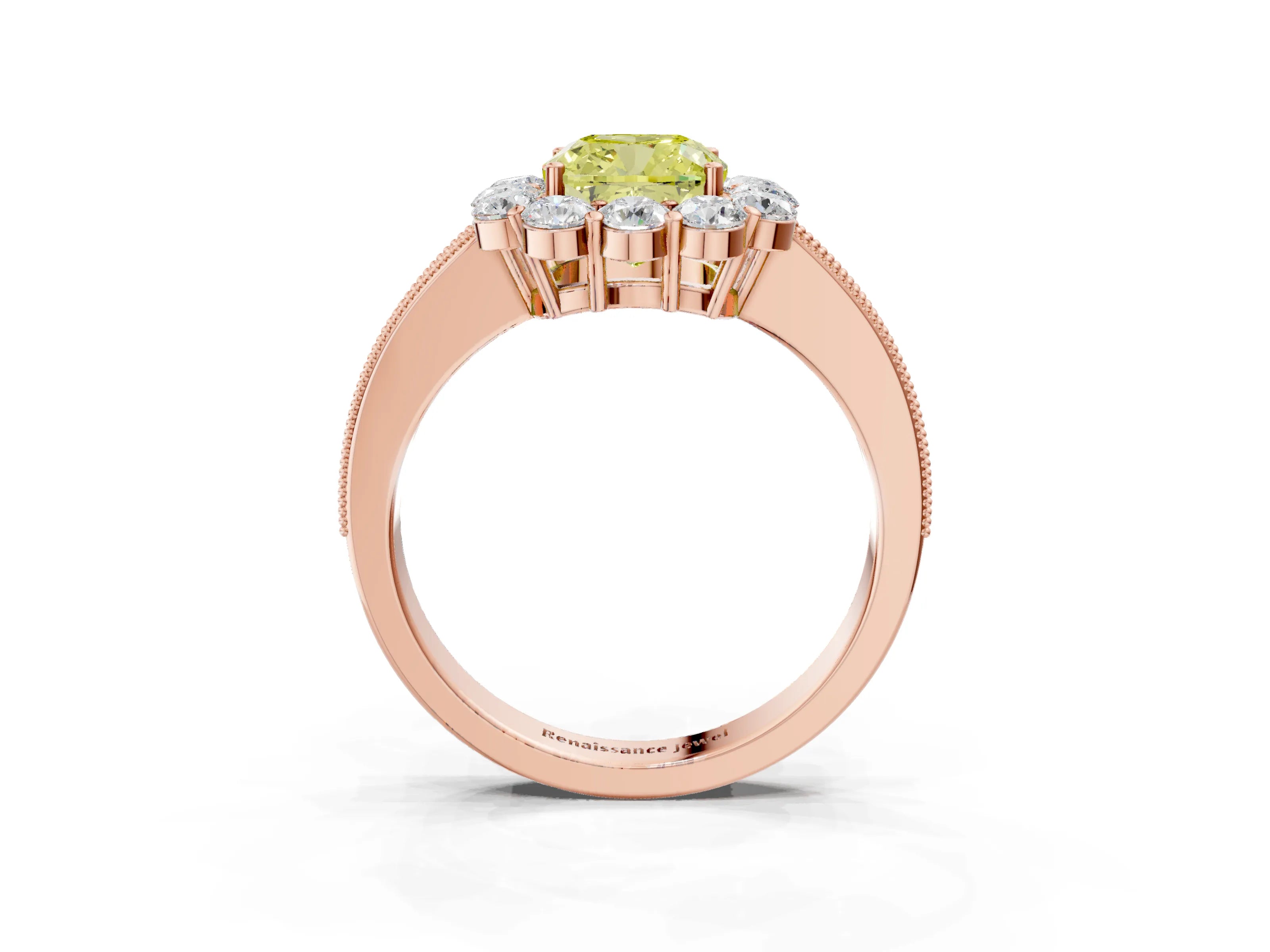 Rose gold Fancy Yellow Cushion Cut Cut Halo Diamond Pavé Engagement Ring with Milgrain Detailing_3