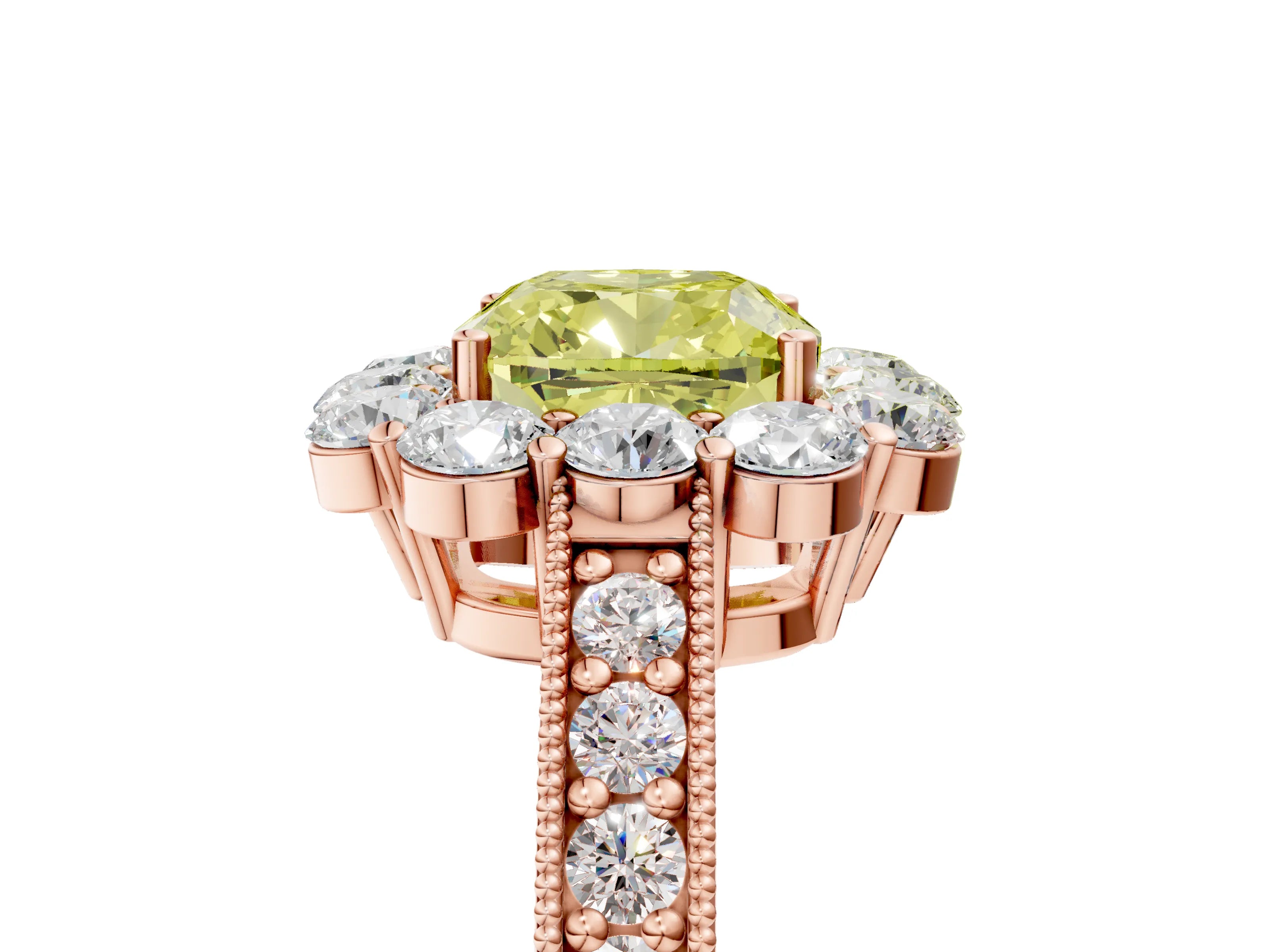 Rose gold Fancy Yellow Cushion Cut Cut Halo Diamond Pavé Engagement Ring with Milgrain Detailing_5