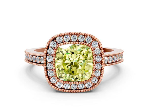 Rose Gold Cushion Cut Double Milgrain Halo Engagement Ring Setting for Fancy Yellow Center