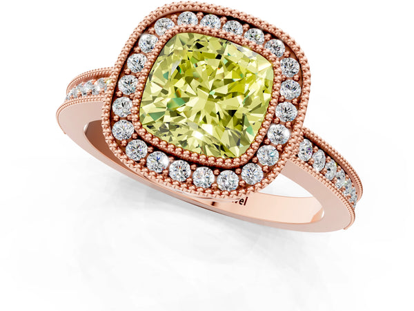 Rose Gold Cushion Cut Double Milgrain Halo Engagement Ring Setting for Fancy Yellow Center