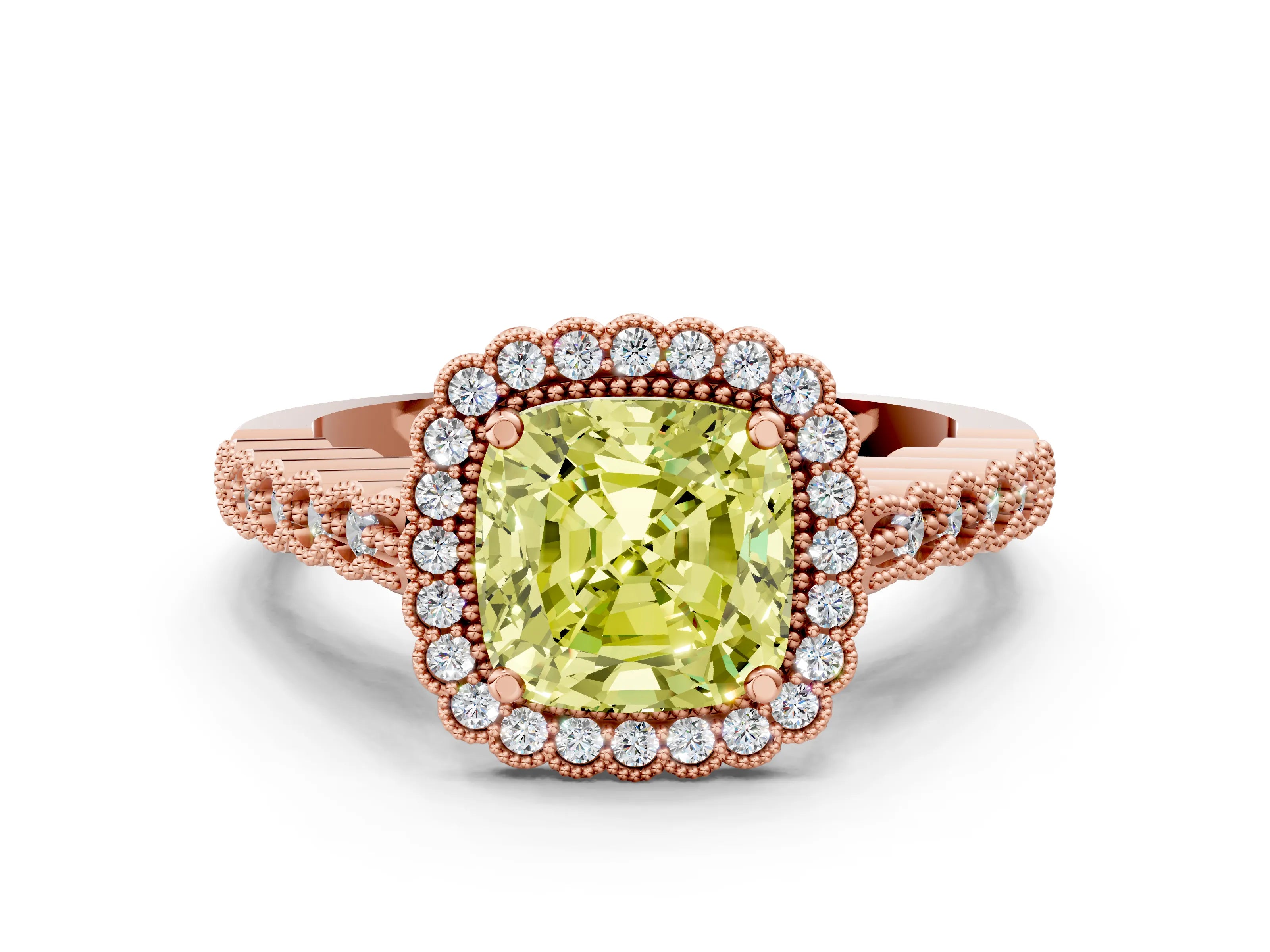 Rose gold Fancy Yellow Cushion Cut Cut Halo Pavé Solitaire Ring with Milgrain Band