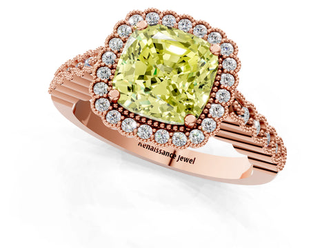 Rose gold Fancy Yellow Cushion Cut Cut Halo Pavé Solitaire Ring with Milgrain Band_1