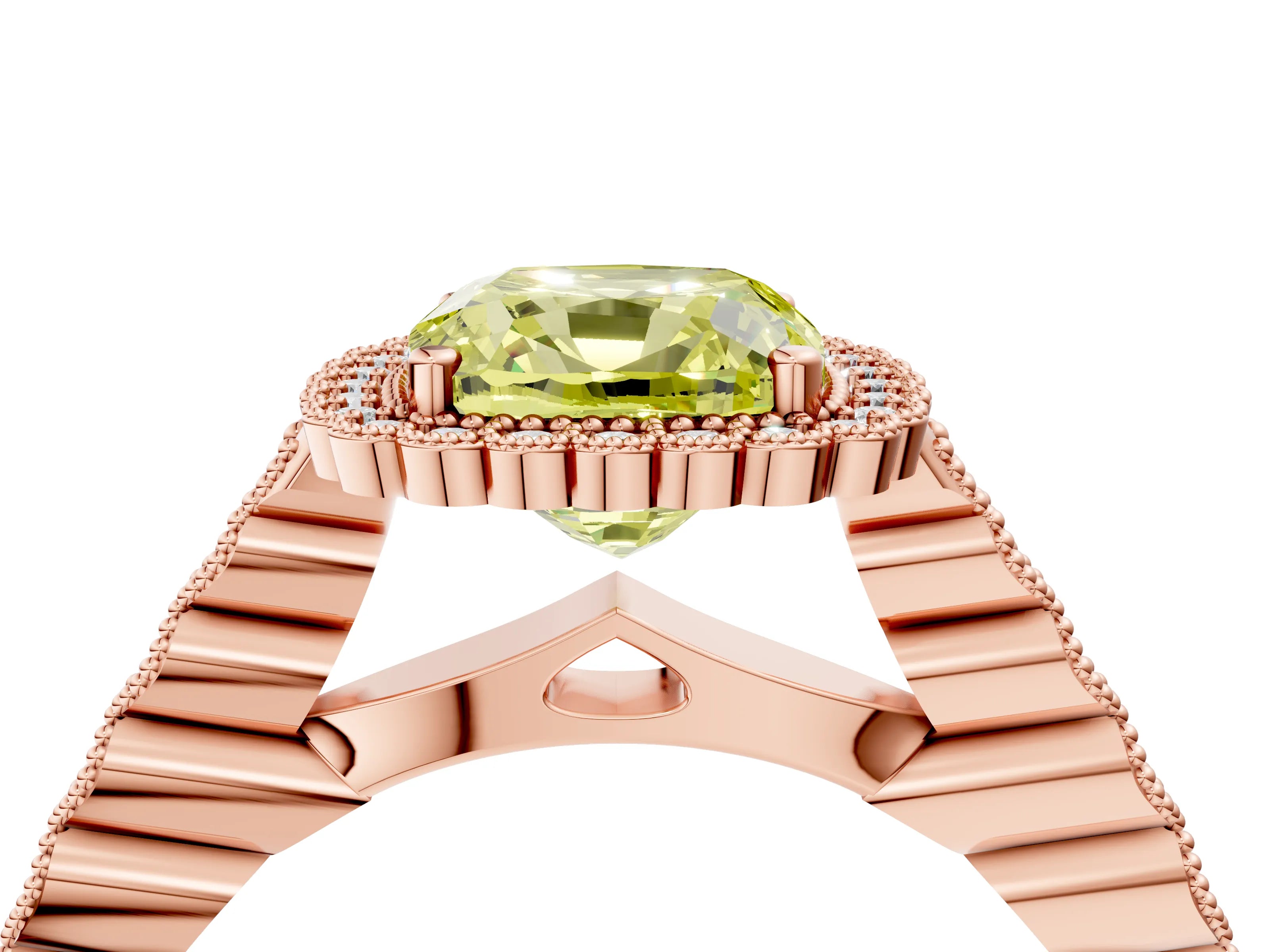 Rose gold Fancy Yellow Cushion Cut Cut Halo Pavé Solitaire Ring with Milgrain Band_4
