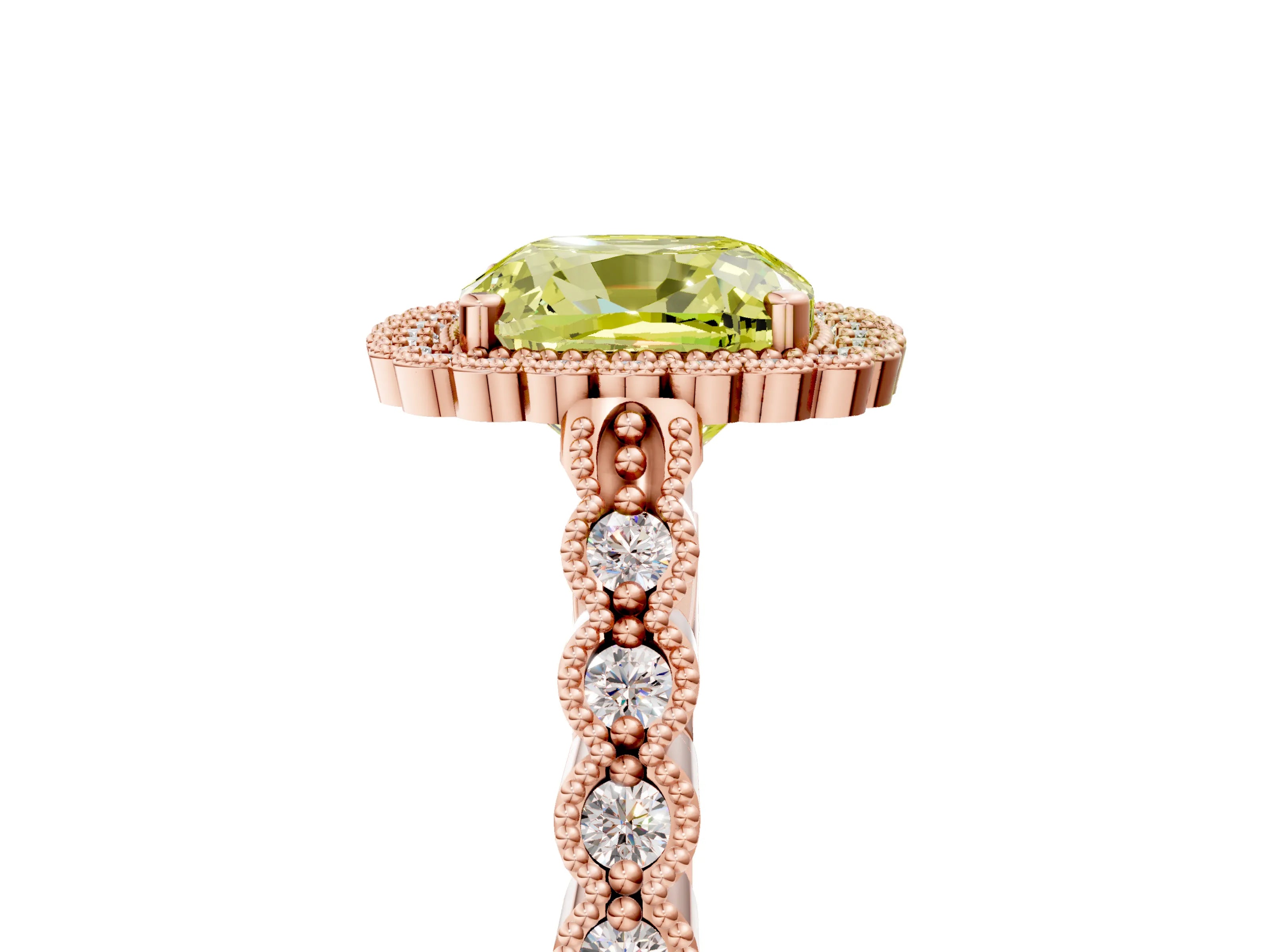 Rose gold Fancy Yellow Cushion Cut Cut Halo Pavé Solitaire Ring with Milgrain Band_5
