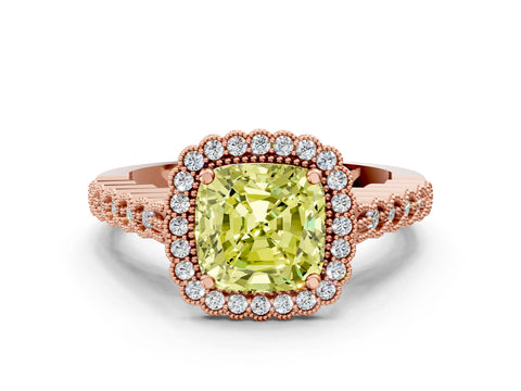 Rose gold Fancy Yellow Cushion Cut Cut Halo Pavé Solitaire Ring with Milgrain Band