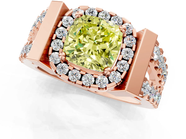 Rose Gold Cushion Cut Halo Engagement Ring Setting for Fancy Yellow Center with Bar Shoulders