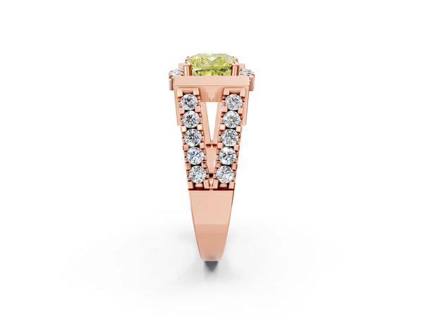 Rose Gold Cushion Cut Halo Engagement Ring Setting for Fancy Yellow Center with Bar Shoulders