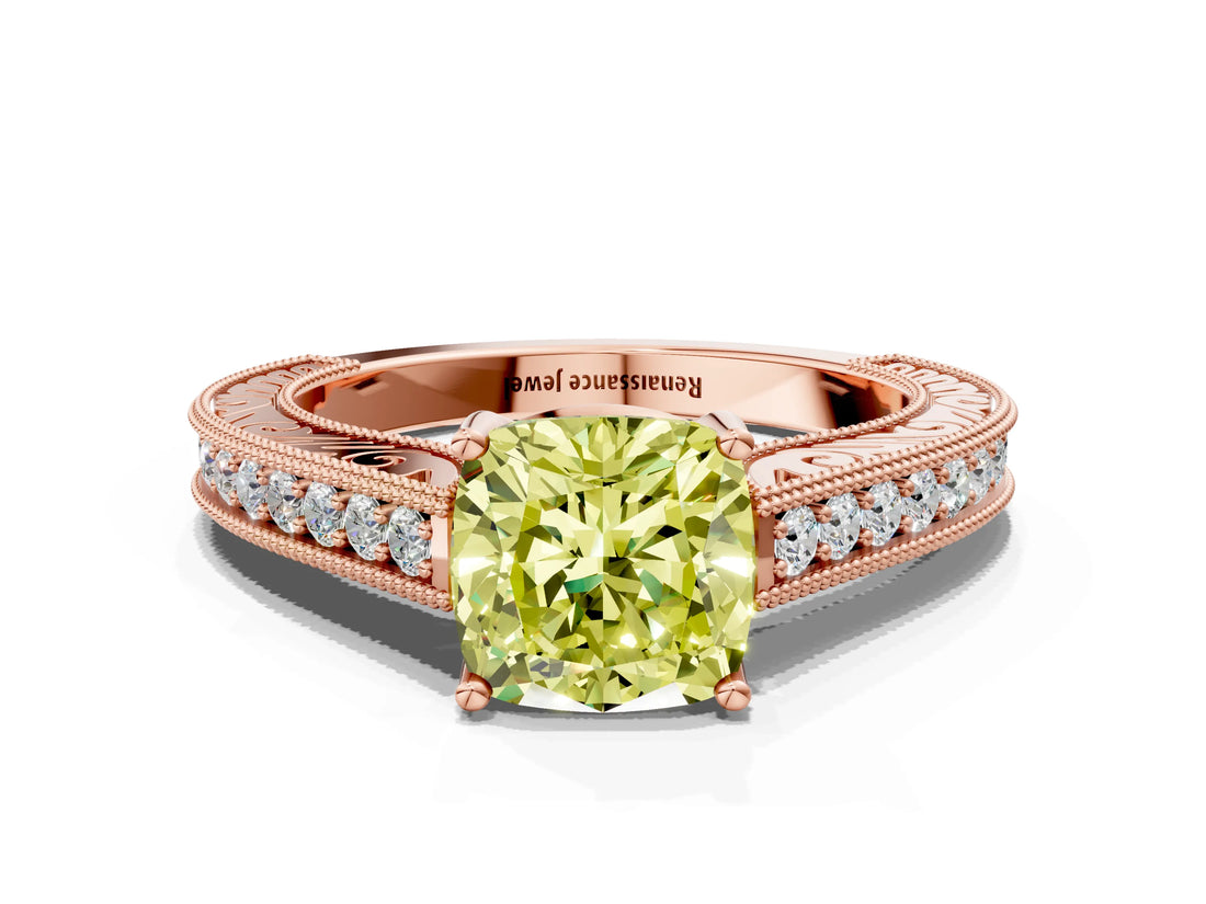 Rose gold Fancy Yellow Cushion Cut Cut Pave Band Milgrain Solitaire Ring