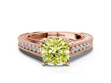 Rose gold Fancy Yellow Cushion Cut Cut Pave Band Milgrain Solitaire Ring
