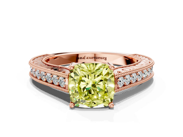 Rose gold Fancy Yellow Cushion Cut Cut Pave Band Milgrain Solitaire Ring
